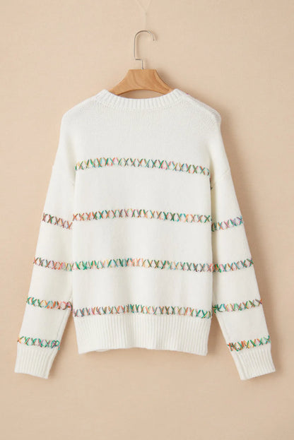 White Colorful Crossed Stitch Drop Shoulder Sweater - Chic Meadow Boutique 