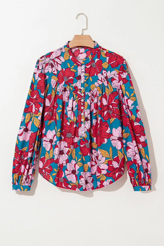 Red Floral Printed Balloon Sleeve Half Buttons Blouse - Chic Meadow Boutique 