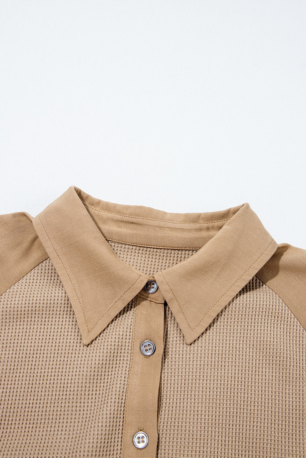 Light French Beige Waffle Patchwork Button Up Frayed Hem Shirt