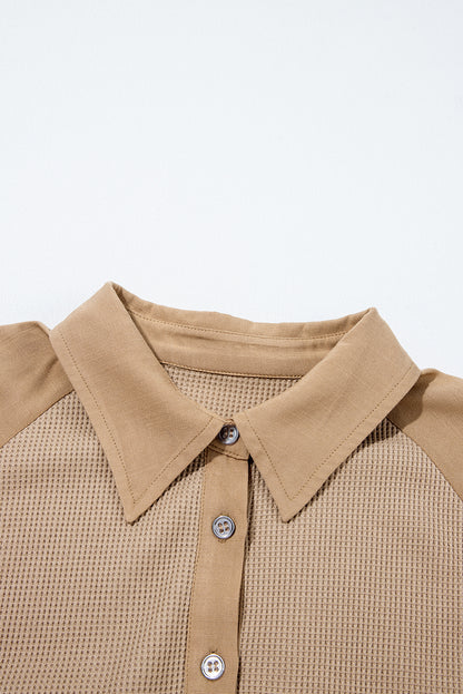 Light French Beige Waffle Patchwork Button Up Frayed Hem Shirt