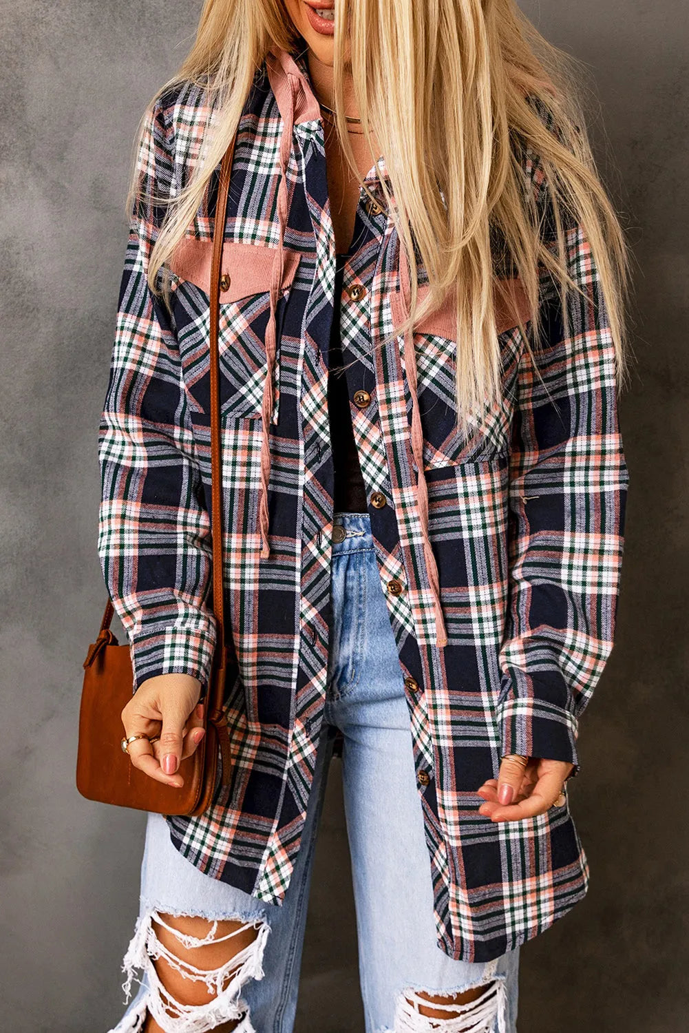 Pink Contrast Hooded Drawstring Plaid Shacket - Chic Meadow Boutique 