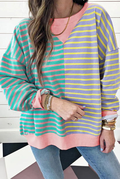 Casual Stripe Colorblock Drop Shoulder Oversize Sweatshirt - Chic Meadow Boutique 