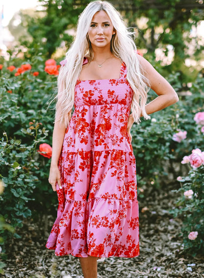 Pink Tie Shoulder Straps Tiered Floral Dress - Chic Meadow Boutique 