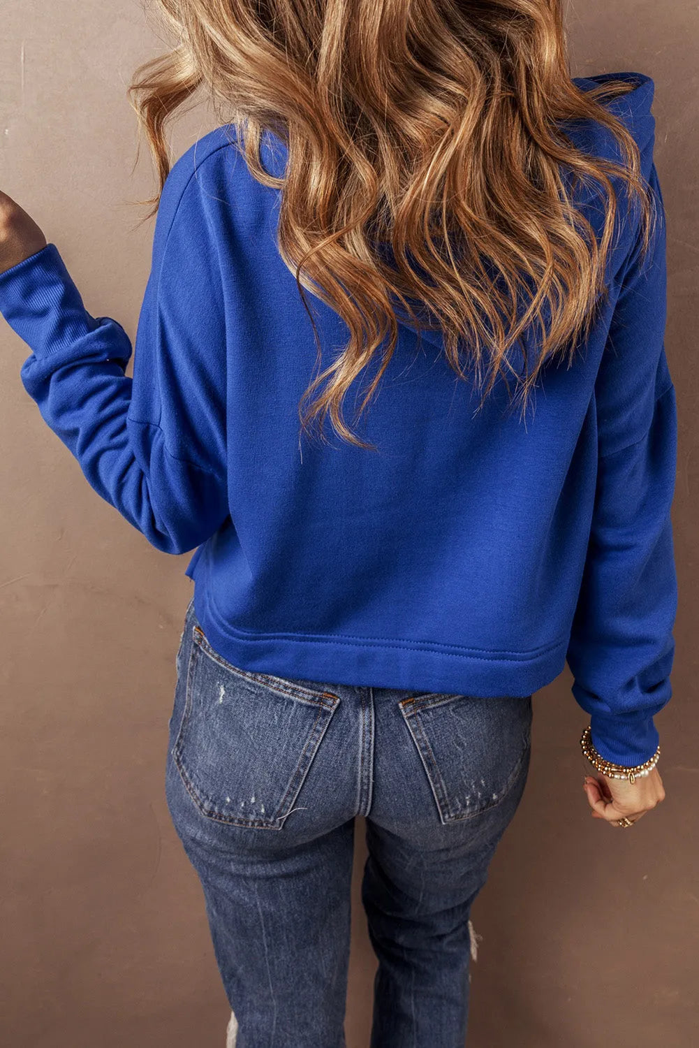 Dark Blue Solid Drop Shoulder Drawstring Cropped Hoodie - Chic Meadow Boutique 