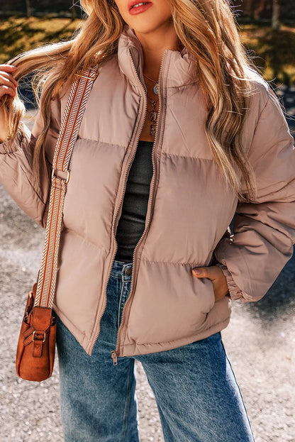 Apricot Pink Full Zipper Quilted Puffer Jacket - Chic Meadow Boutique 