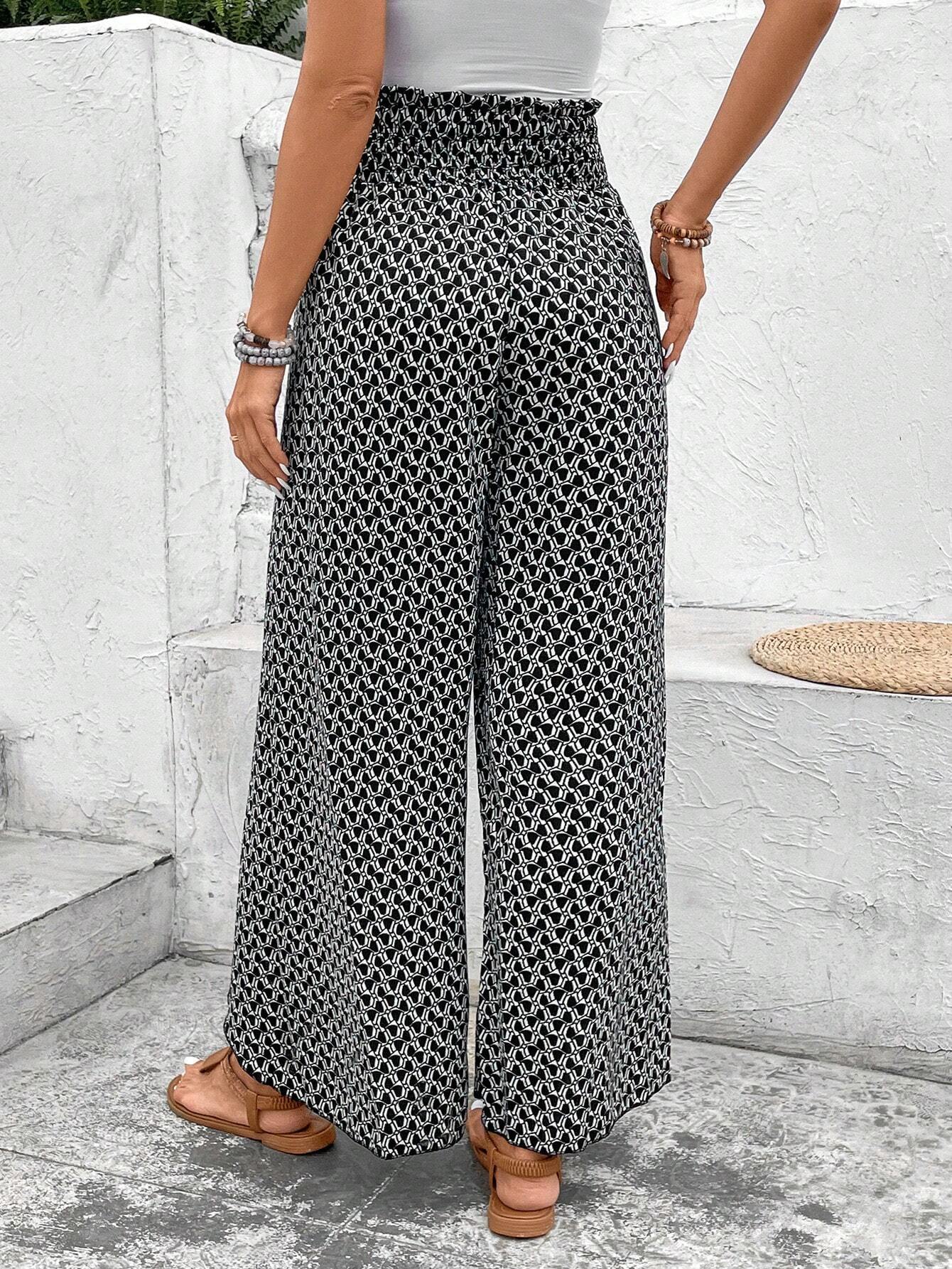 Black Bohemian Print Slit Wide Leg Smocked High Waist Pants