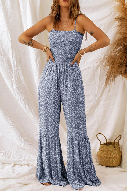 Dusk Blue Thin Straps Smocked Bodice Wide Leg Floral Jumpsuit - Chic Meadow Boutique 