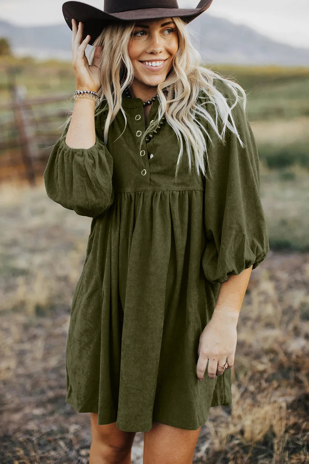 Vineyard Green Corduroy Snap Buttons Empire Waist Bracelet Sleeve Dress - Chic Meadow Boutique 