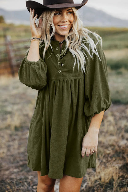 Vineyard Green Corduroy Snap Buttons Empire Waist Bracelet Sleeve Dress - Chic Meadow Boutique 