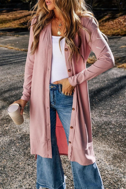 Tops/Sweaters & Cardigans Pink / S / 65%Polyester+30%Viscose+5%Elastane Pink Ribbed Button-Up Split Duster Cardigan