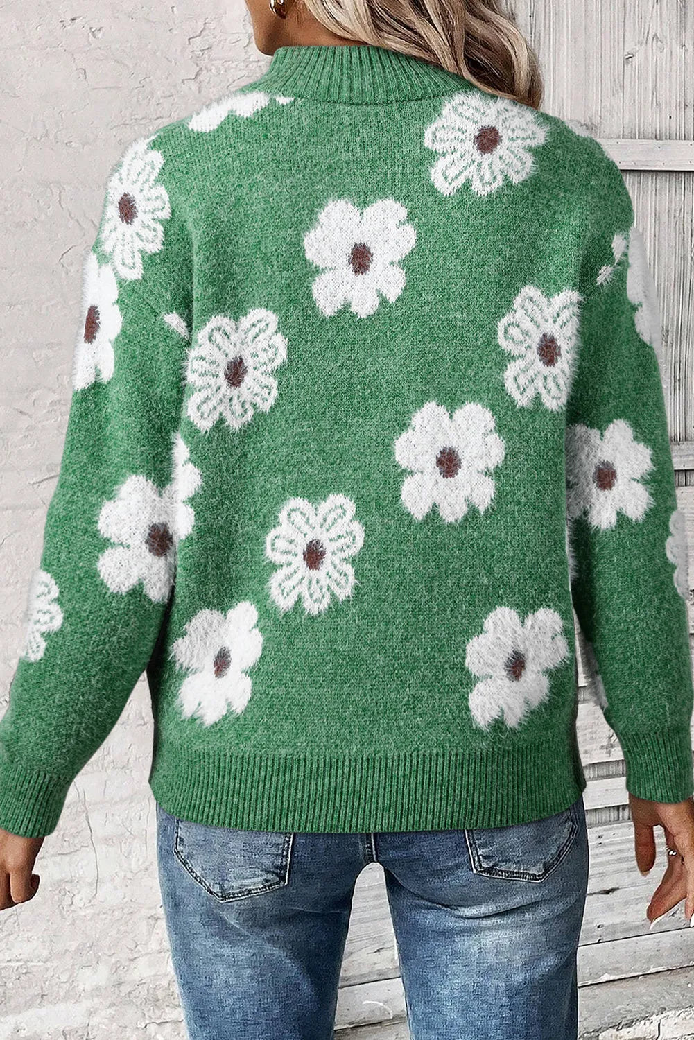 Green Floral Pattern Half Zip Drop Shoulder Sweater - Chic Meadow Boutique 