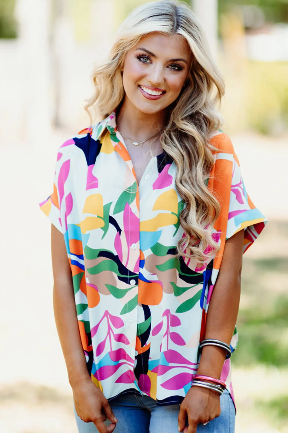 Multicolour Abstract Leafy Print Short Sleeve Shirt - Chic Meadow Boutique 