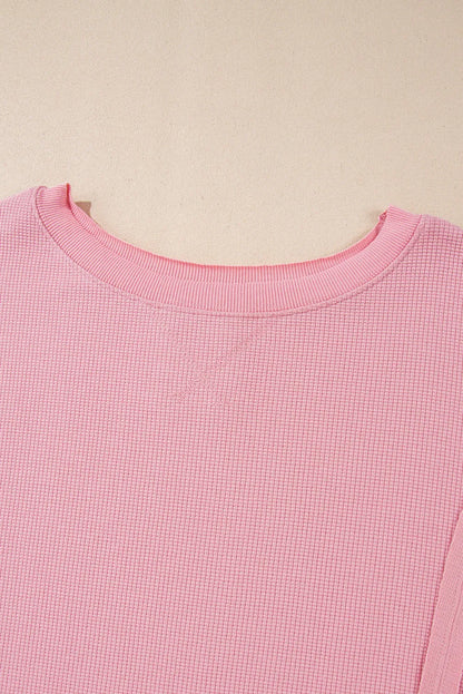 Pink Waffle Knit Bishop Sleeve Split Oversized Sweatshirt - Chic Meadow Boutique 