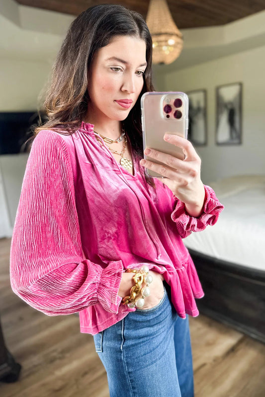 Strawberry Pink V Neck Velvet Ruffled Cuffs Hem Long Sleeve Top