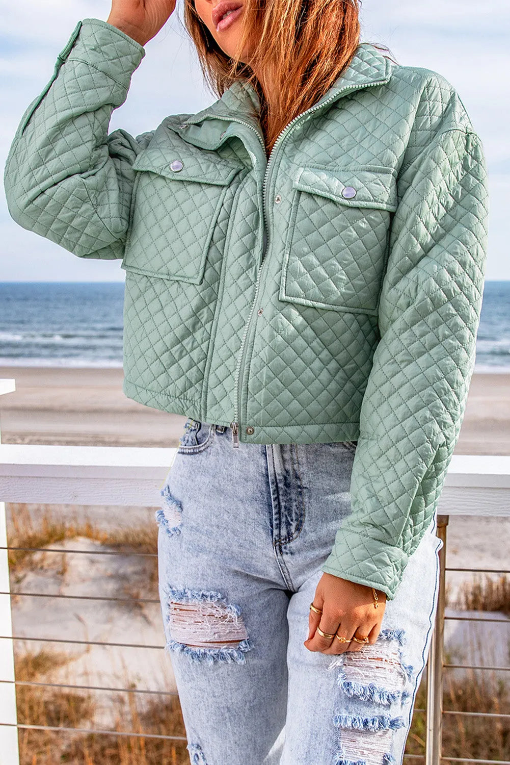 Green Quilted Pocketed Zip-up Cropped Jacket - Chic Meadow Boutique 