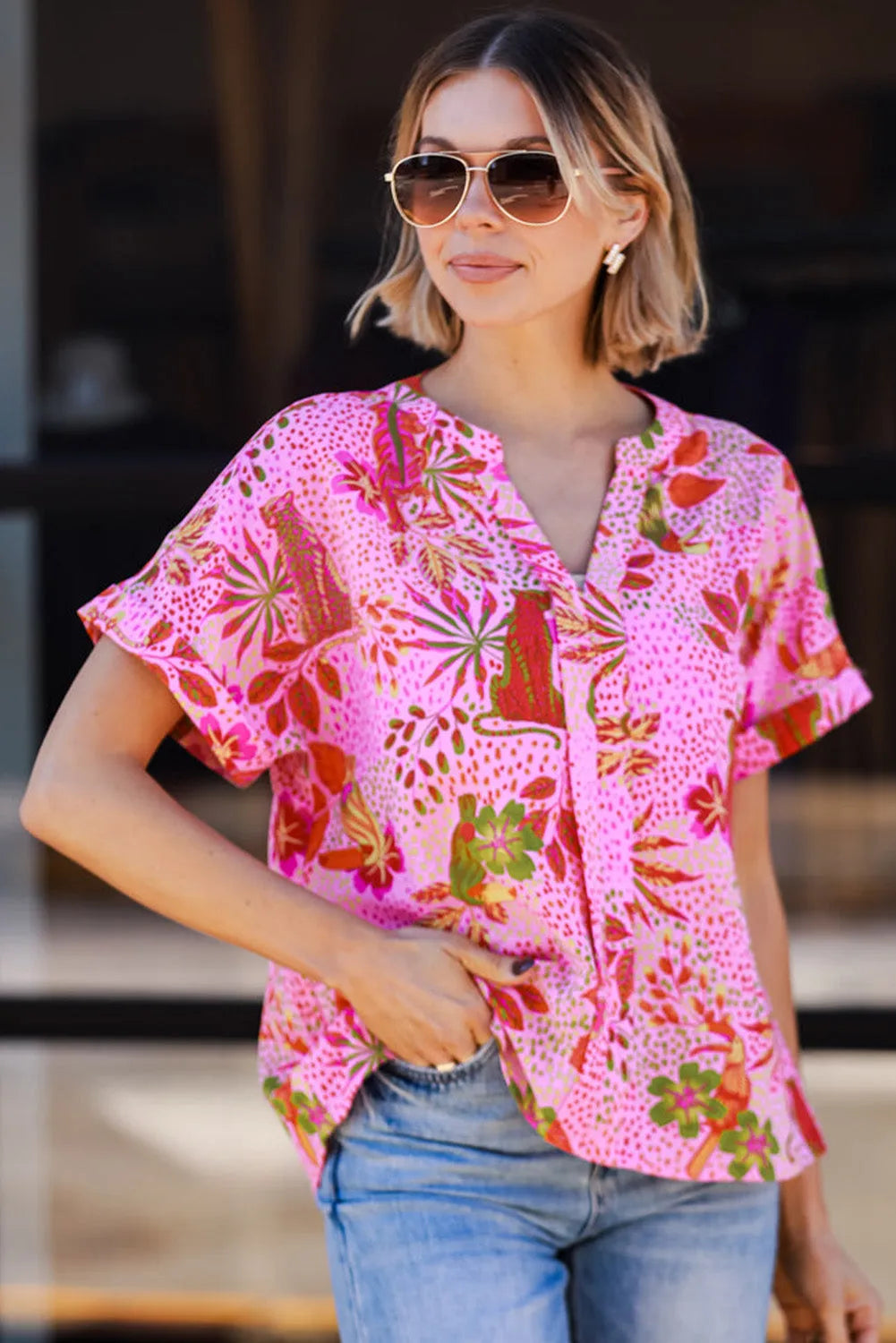 Rose Jungle Floral Print Notch V Neck Blouse - Chic Meadow Boutique 