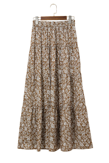 Brown Western Floral Print Ruffled Hem High Waist Loose Maxi Skirt
