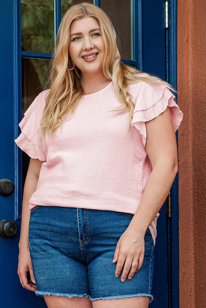 Plus Size/Plus Size Tops/Plus Size Tops & Tees Light Pink / 1X / 100%Cotton Light Pink Plus Size Crinkle Textured Ruffle Sleeve Top