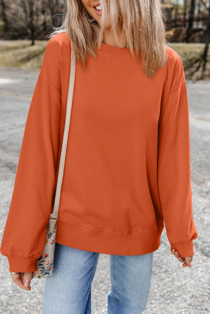 Orange Plain Drop Shoulder Crewneck Pullover Sweatshirt - Chic Meadow Boutique 