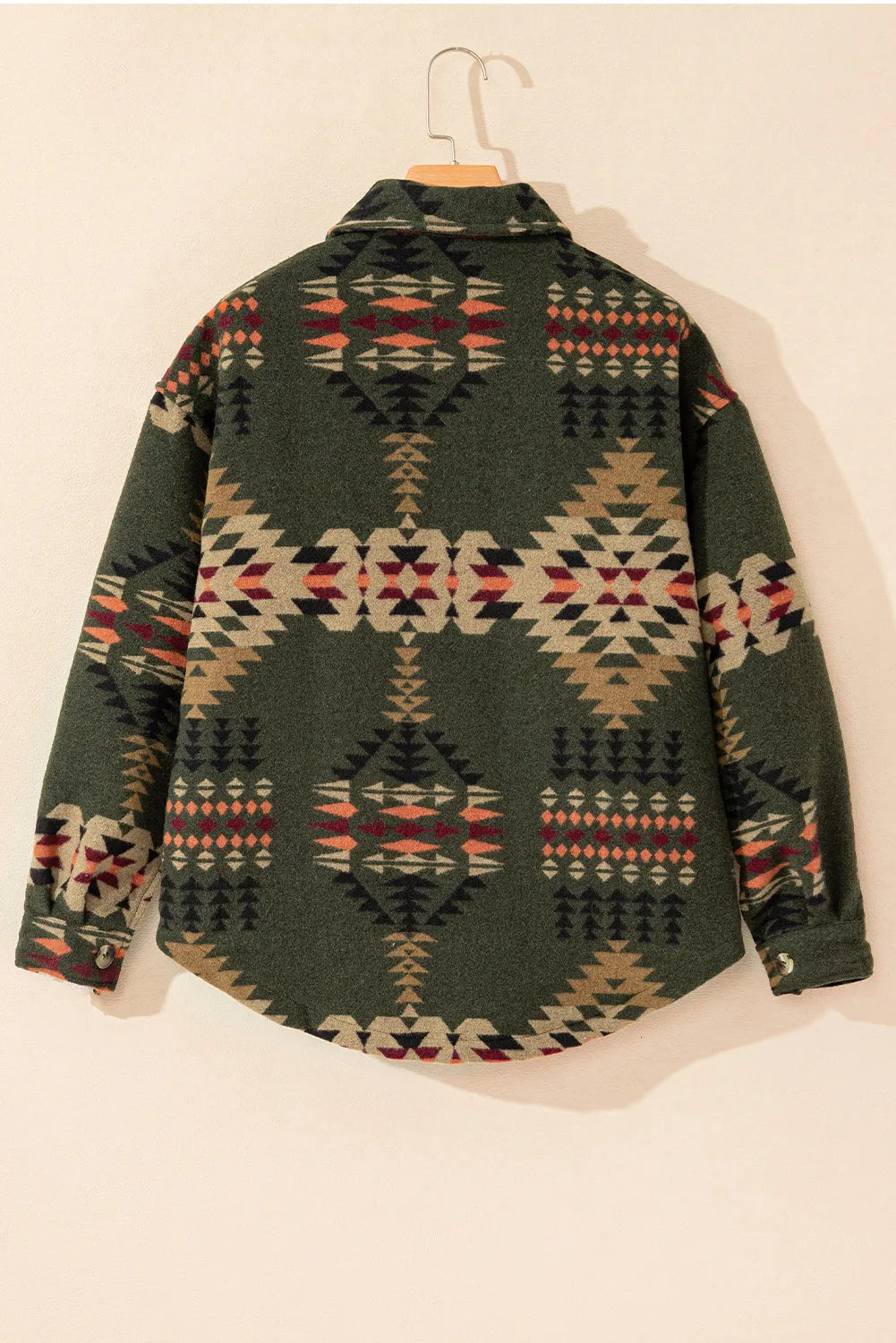 Green Aztec Print Flap Pockets Long Sleeve Shacket - Chic Meadow Boutique 