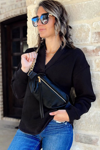 Black V Neck Collared Kangaroo Pocket Sweatshirt - Chic Meadow Boutique 