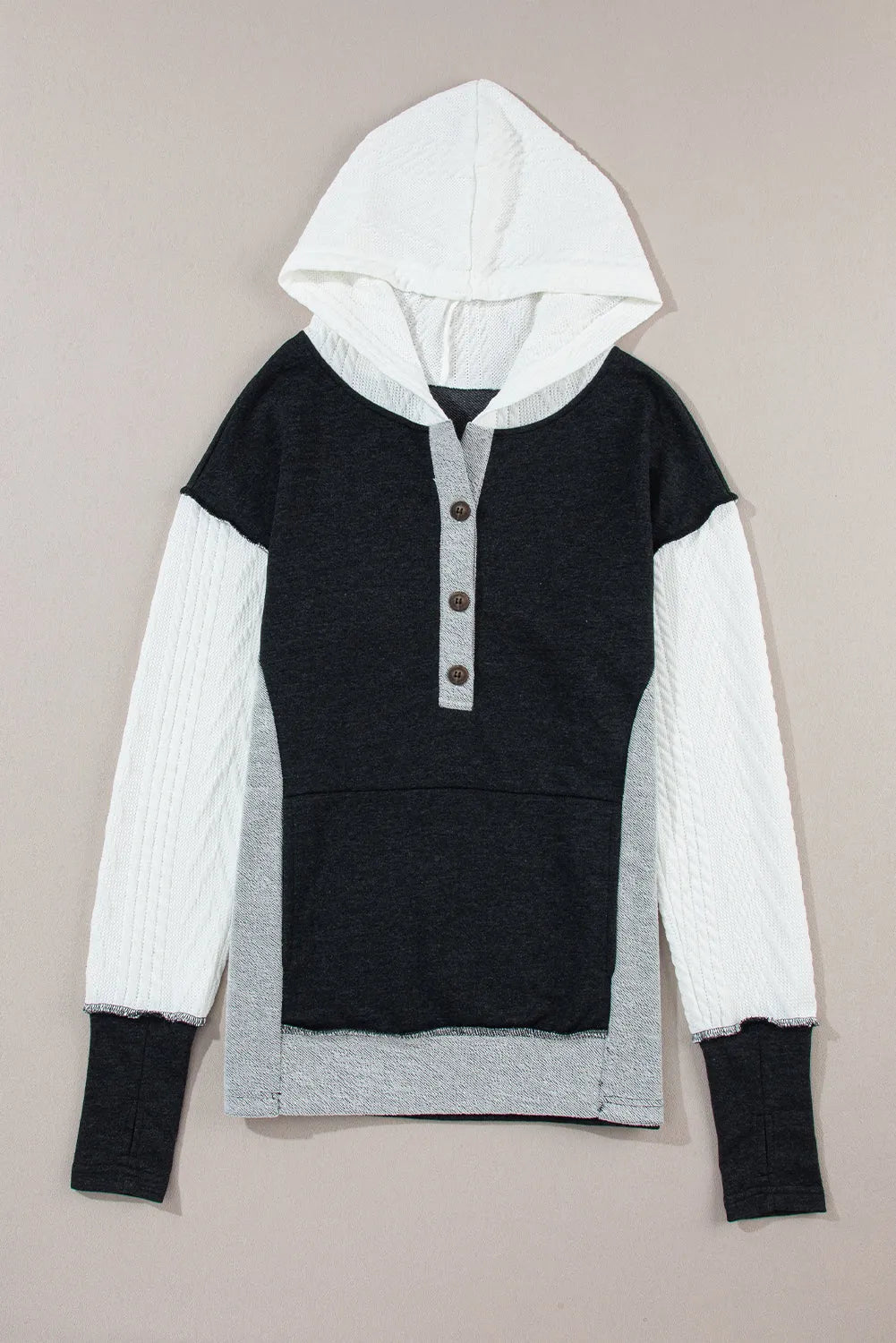 Black Color Block Textured Buttoned Kangaroo Pocket Hoodie - Chic Meadow Boutique 