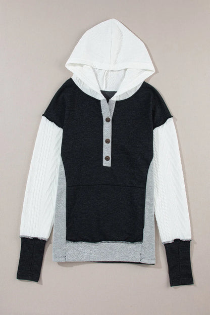 Black Color Block Textured Buttoned Kangaroo Pocket Hoodie - Chic Meadow Boutique 