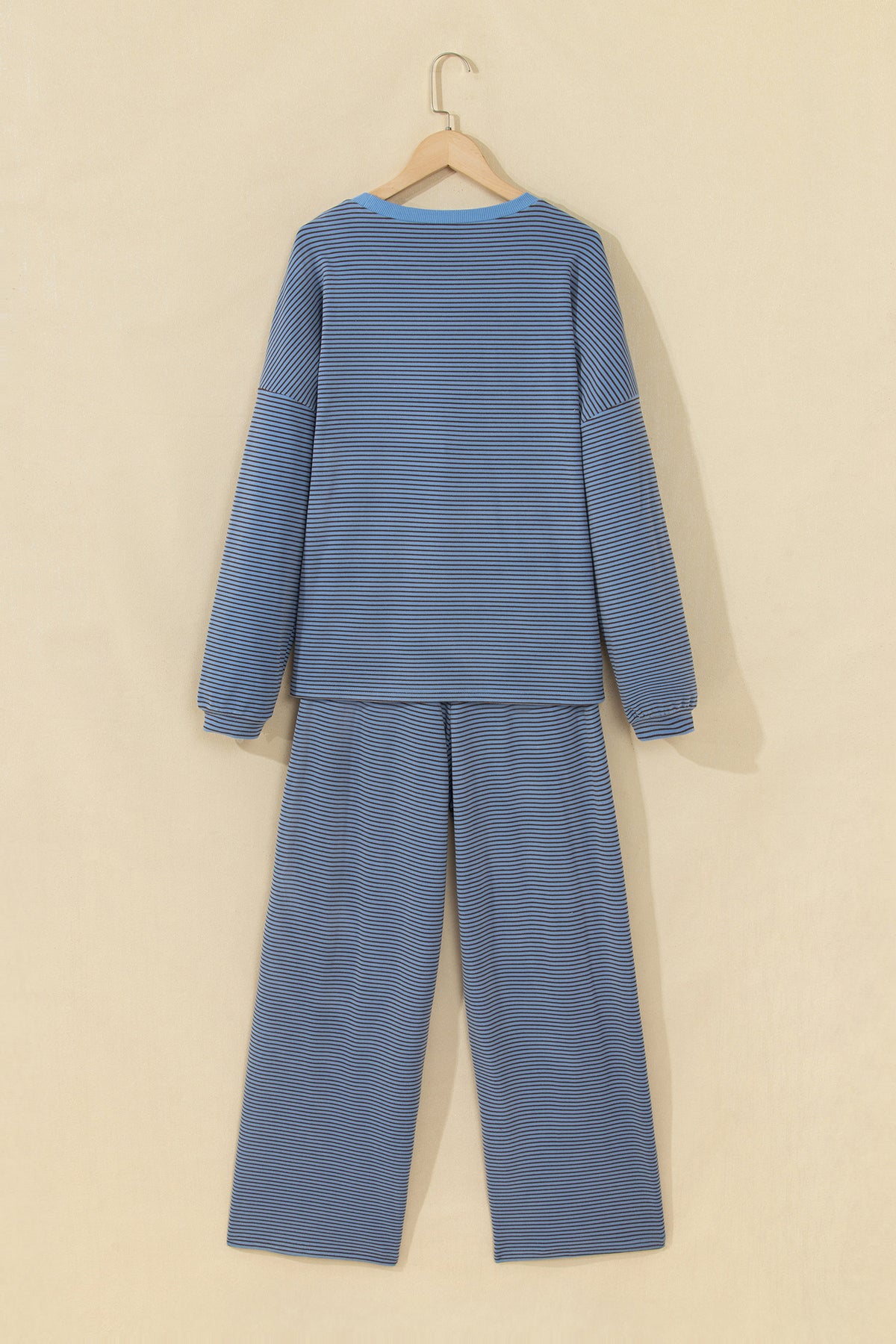Blue Stripe Contrast Trim Round Neck Oversize Long Sleeve Top 2pcs Pant Set