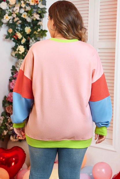 Light Pink Plus Size Colorblock Patchwork Crew Neck Sweatshirt - Chic Meadow Boutique 