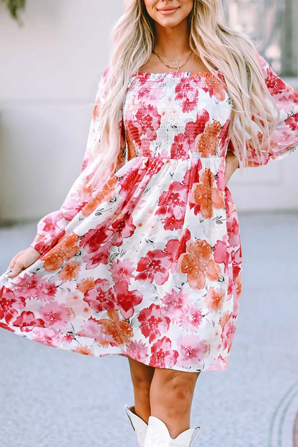 White Floral Print Smocked Puff Sleeve Mini Dress - Chic Meadow Boutique 