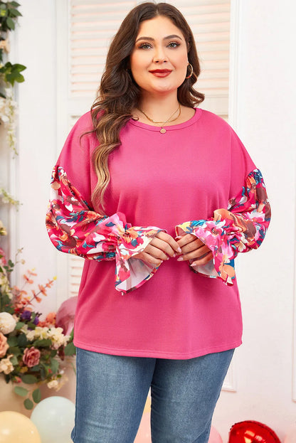 Bright Pink Floral Patchwork Flounce Sleeve Rib Knit Plus Top - Chic Meadow Boutique 