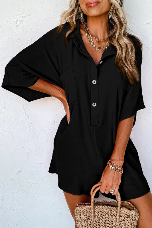 Black Half Button Collared Loose Romper - Chic Meadow Boutique 