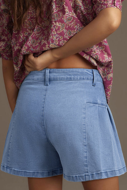 Dusk Blue Pleated Patchwork Wide Leg Lightweight Denim Shorts