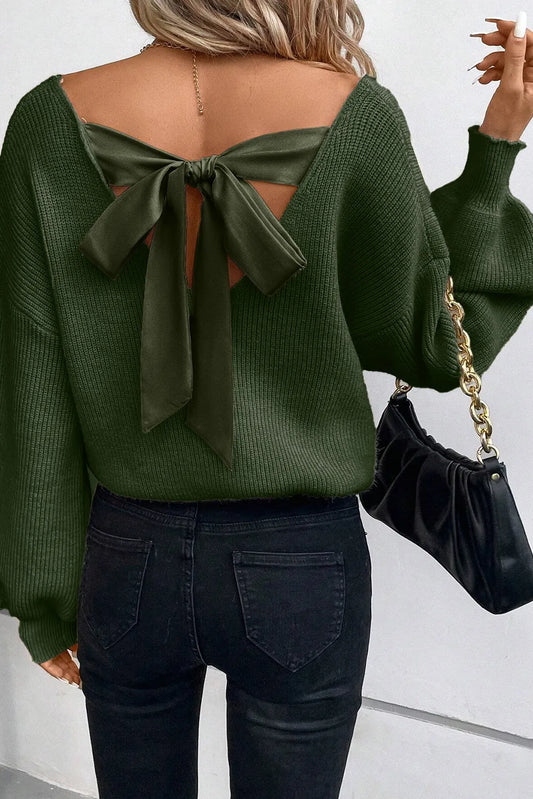 Jungle Green Lantern Sleeve V Neck Knot Back Sweater - Chic Meadow Boutique 