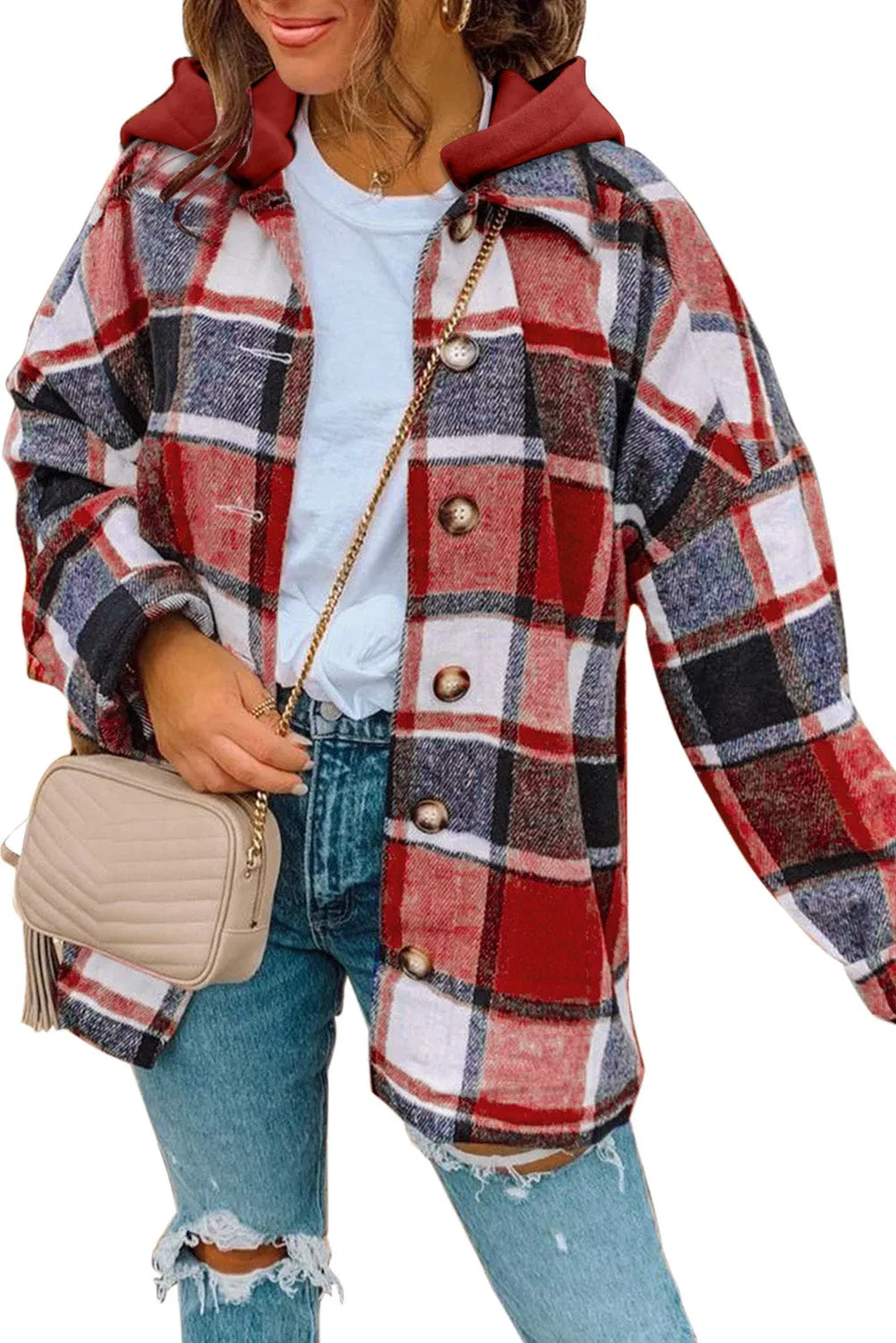 Fiery Red Hooded Plaid Button Front Shacket - Chic Meadow Boutique 