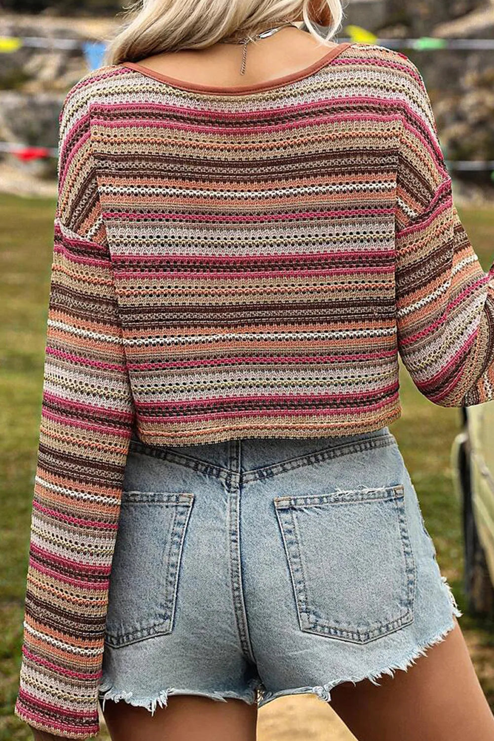 Rose Red Ethnic Striped Wide Cropped Long Sleeve Top - Chic Meadow Boutique 