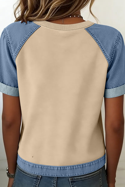 Parchment Denim Color Block Patchwork Round Neck Tee