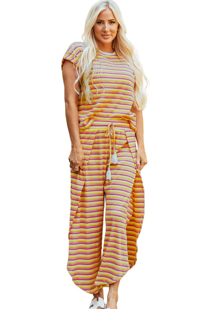 Yellow Stripe Rainbow Tee Tasseled String Wide Leg Pants Set - Chic Meadow Boutique 