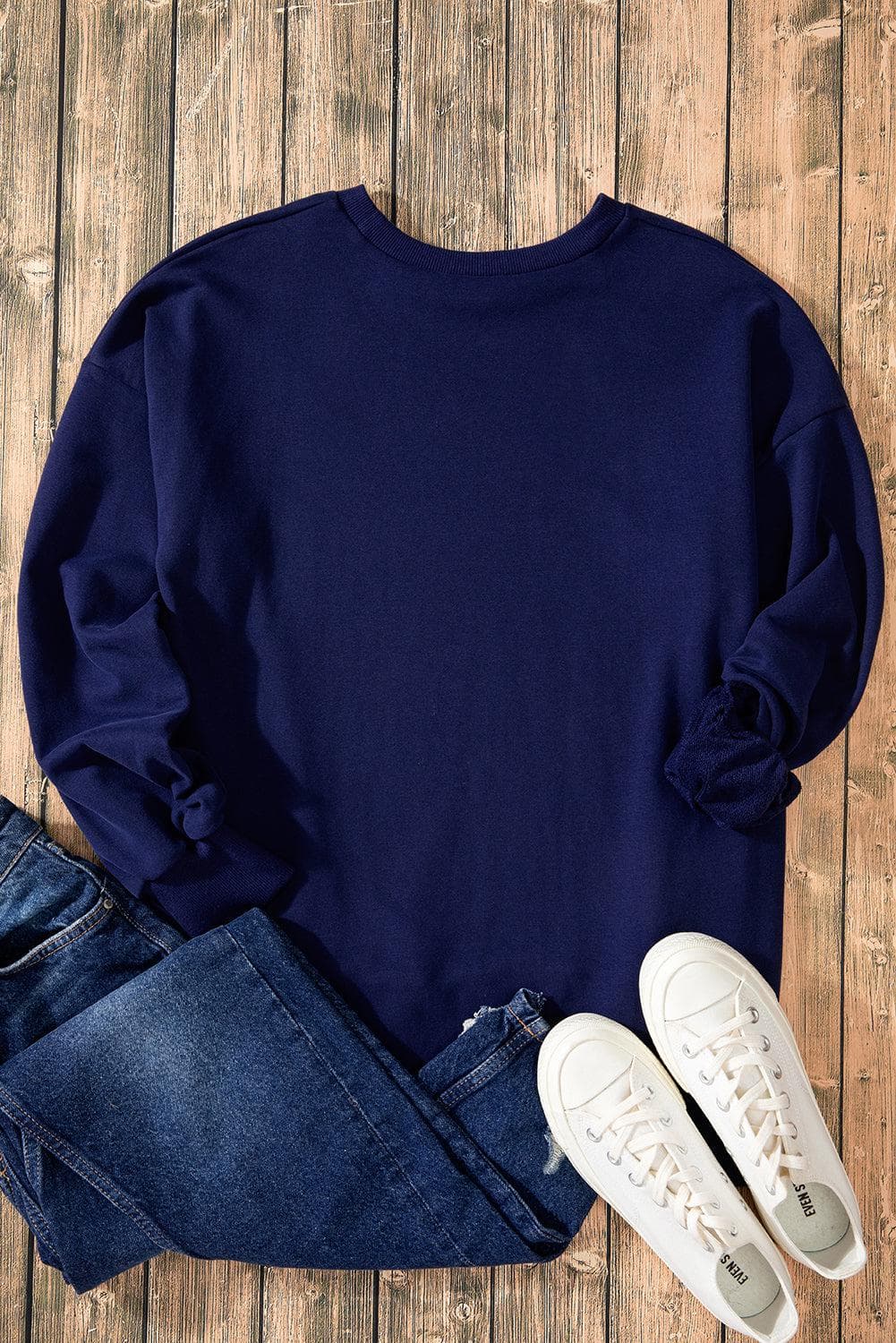 Tops/Sweatshirts & Hoodies Navy Blue Solid O Neck High Low Hem Pullover Sweatshirt