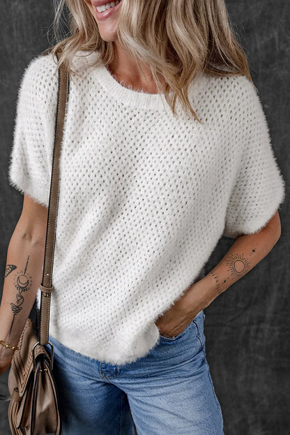 Tops/Short Sleeve Sweaters White Fuzzy Eyelet Knitted Sweater T-shirt