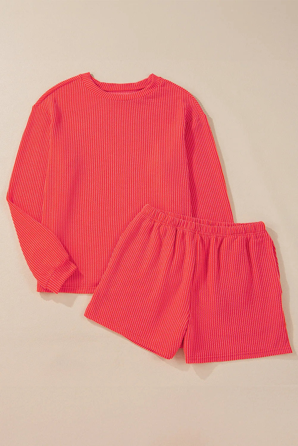 Casual Corded Knit Long Sleeve Top and High Waist Shorts Set - Chic Meadow Boutique 