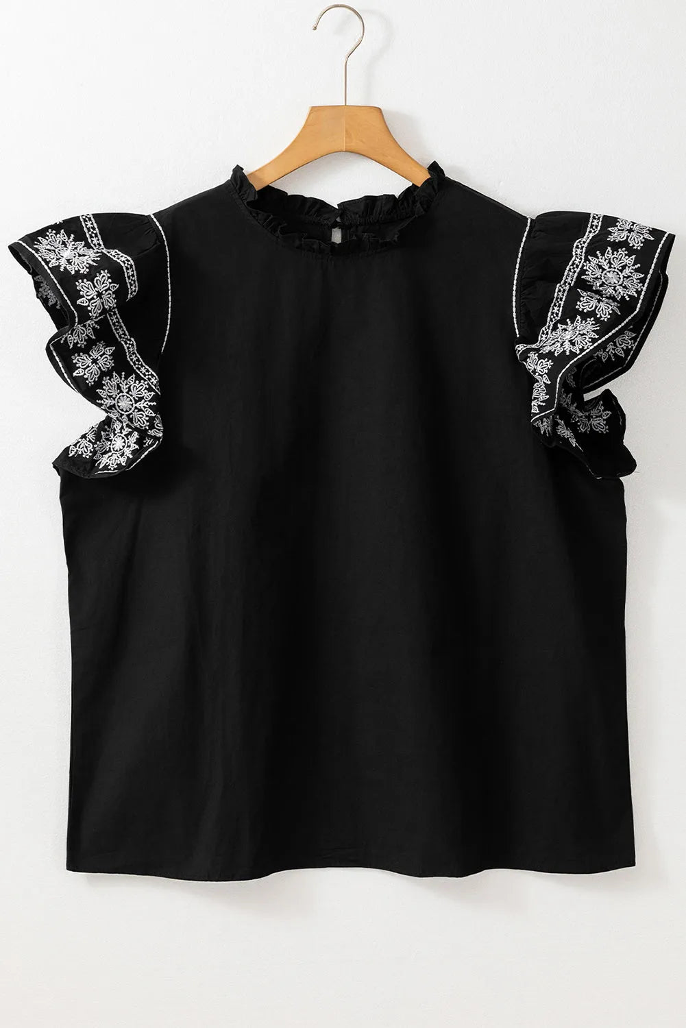 Black Embroidered Ruffled Sleeve Frilled Collar Blouse - Chic Meadow Boutique 