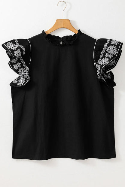 Black Embroidered Ruffled Sleeve Frilled Collar Blouse - Chic Meadow Boutique 