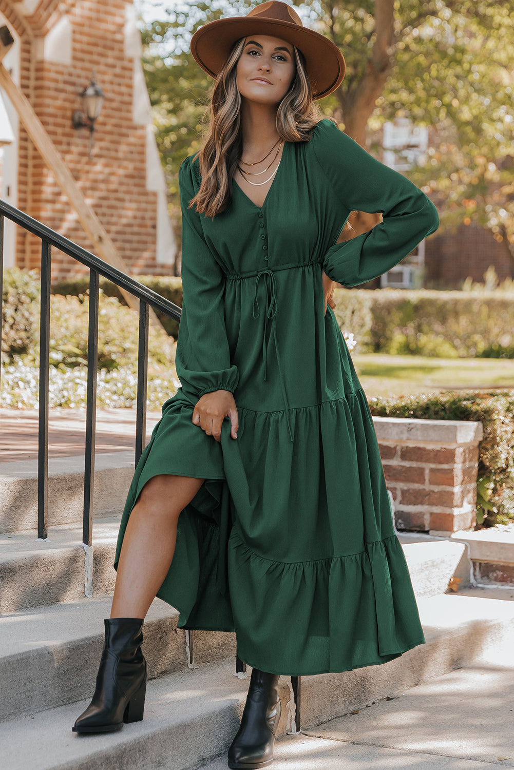 Blackish Green Solid Long Sleeve Button V Neck Tiered Maxi Dress