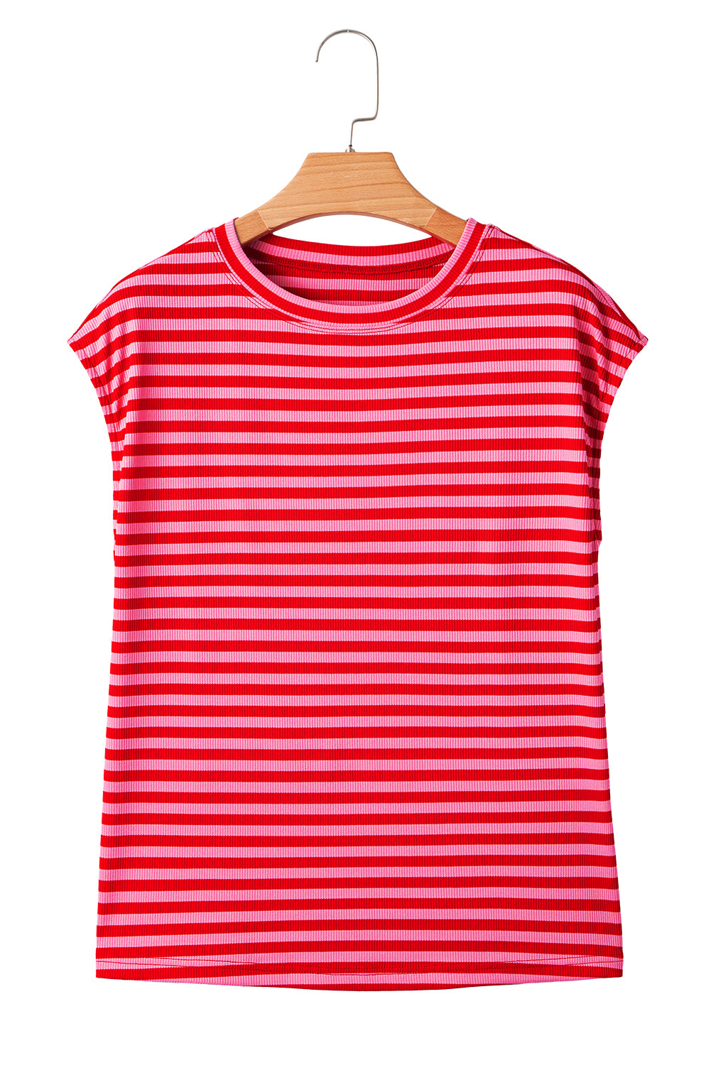 Red Stripe Ribbed Cap Sleeve Round Neck T Shirt