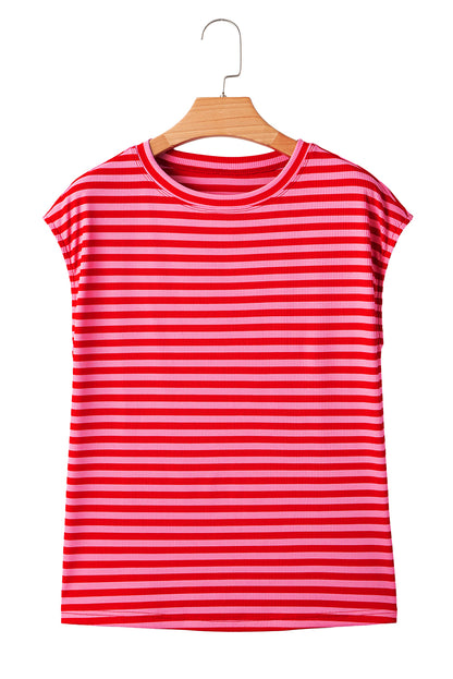Red Stripe Ribbed Cap Sleeve Round Neck T Shirt