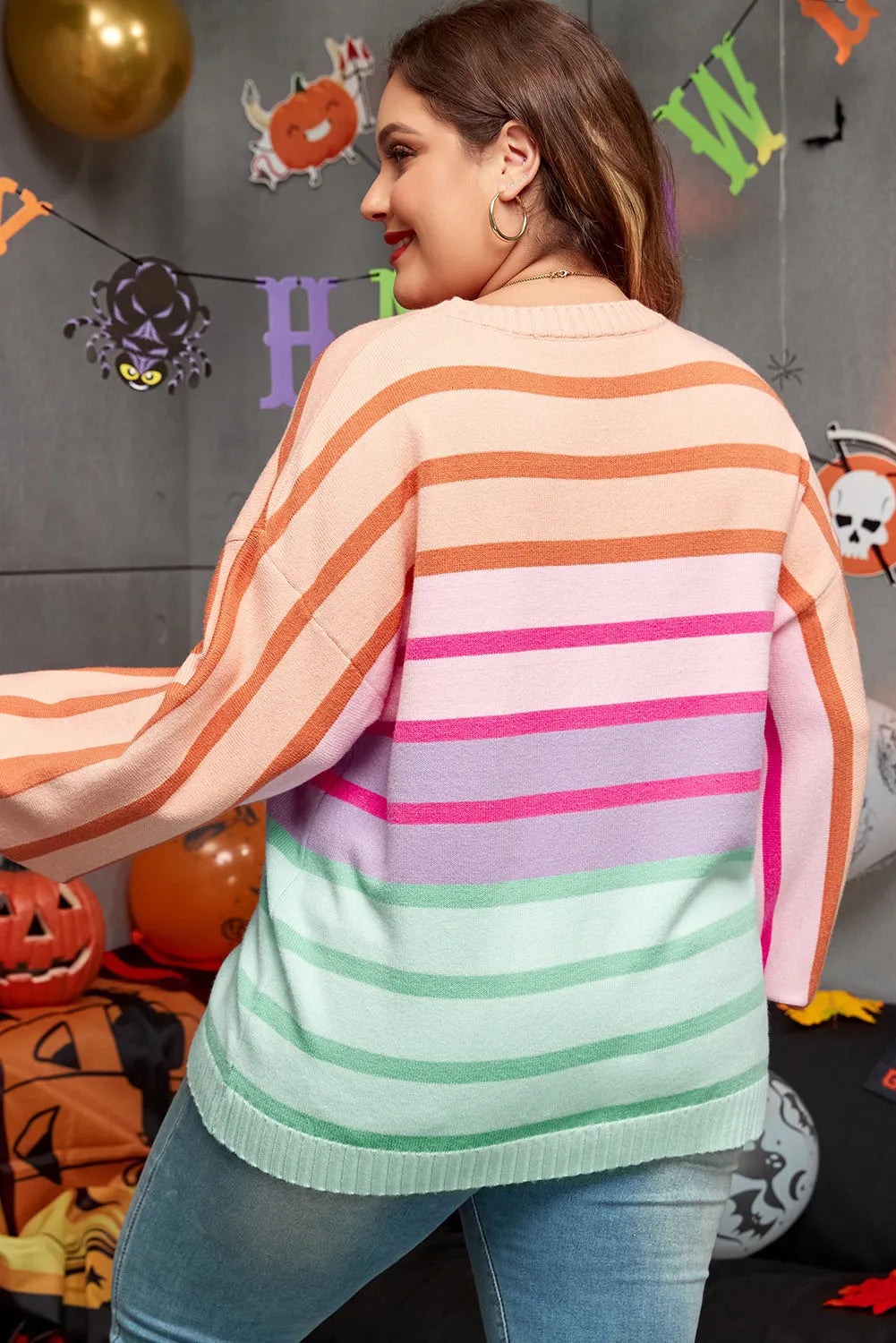 Pink Stripe Color Block Balloon Sleeve Crewneck Plus Size Sweater - Chic Meadow Boutique 