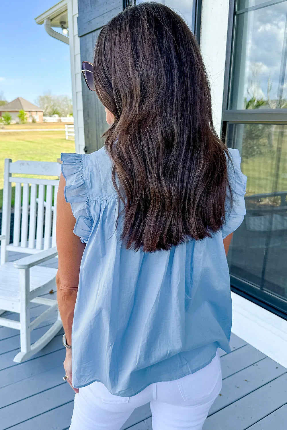 Sky Blue Ric Rac Trim Frilly Sleeveless Shirt - Chic Meadow Boutique 