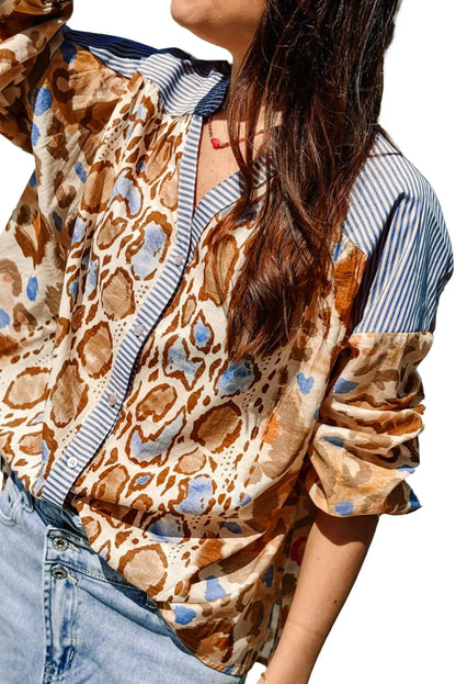 Light French Beige Colorful Leopard Striped Print Patchwork V Neck Shirt - Chic Meadow Boutique 