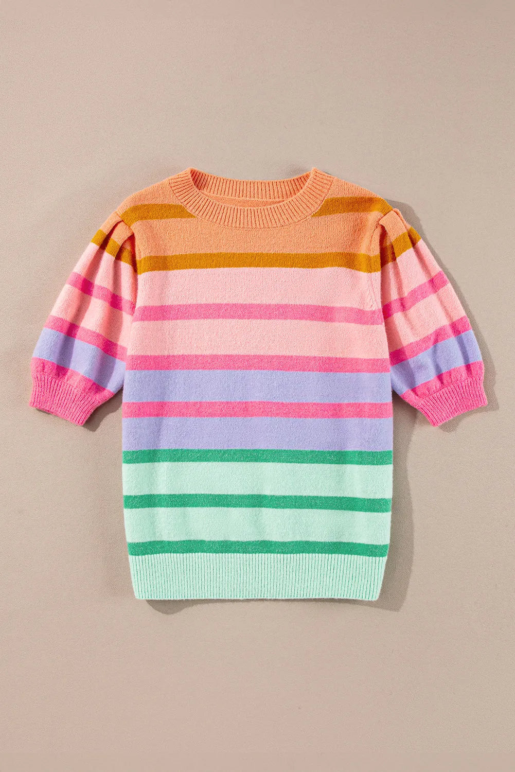 Rose Red Colorful Stripe Bubble Short Sleeve Sweater - Chic Meadow Boutique 